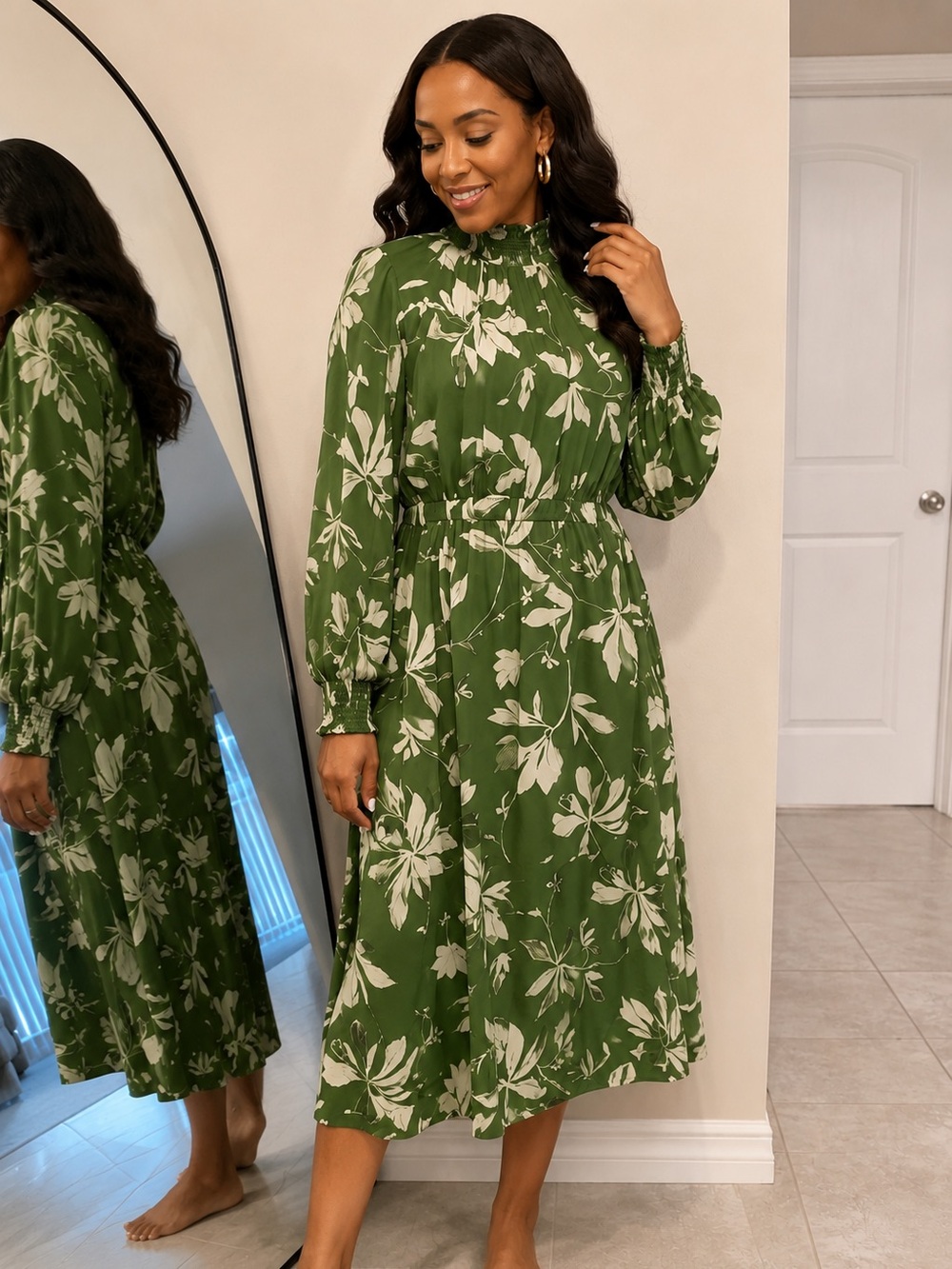 maggy london green dress Mock Neck Long Sleeve Floral Midi Dress, Womens, 4, Green/Beige YGroup_briana-mini-dress